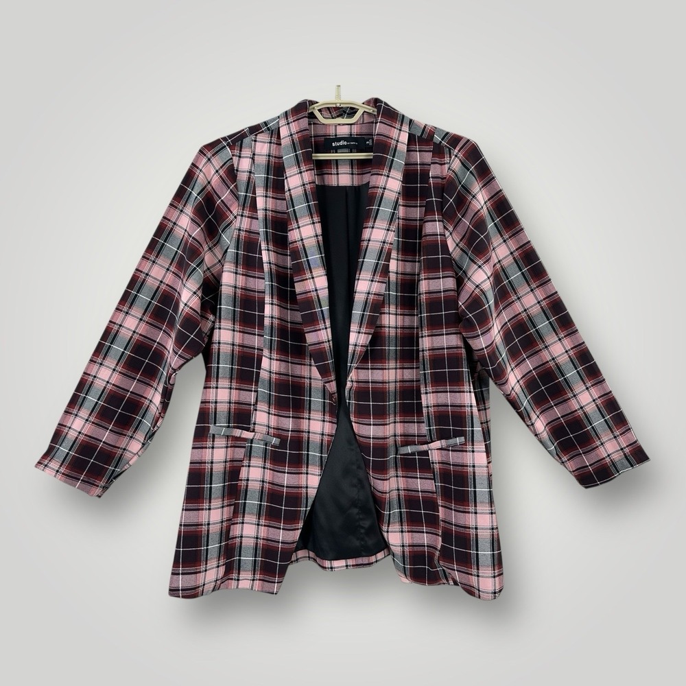 Torrid Studio Long Line Plaid Knit Open Blazer Women's 3 3X‎ Burgundy Pink Black